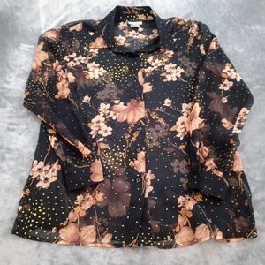 Button Up Shirt‎ Blouse Womens M Black Floral Glitter Sheer Whimsigoth Whimsy